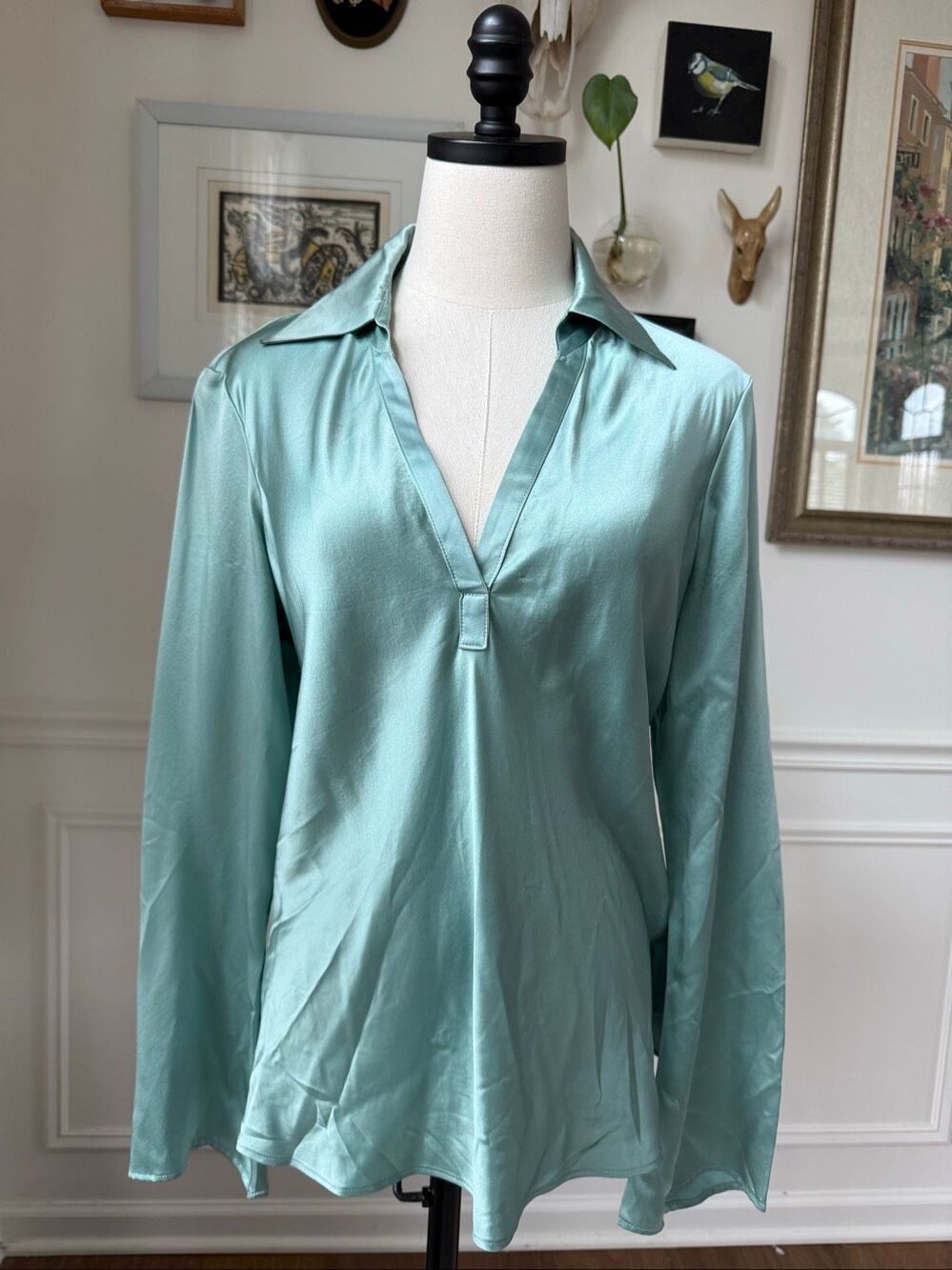 Lillie Rubin Sage Green Split Neck 100% Silk Popover Blouse 10